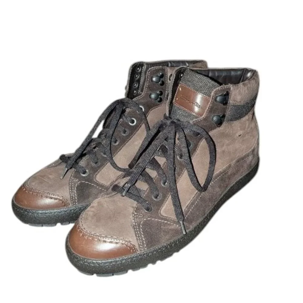 Santoni High Top Lace Up Ankle Suede Leather Tie Dark Sneakers Boots Shoes 10D